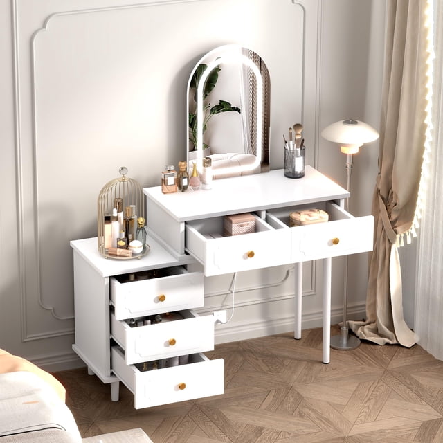 Modern White Vanity Desk with LED Lights & Mirror, Makeup Dressing Table with 5-Drawer Storage Cabinet for Bedroom