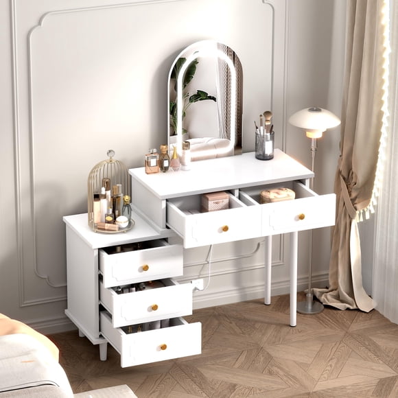 Modern White Vanity Desk with LED Lights & Mirror, Makeup Dressing Table with 5-Drawer Storage Cabinet for Bedroom