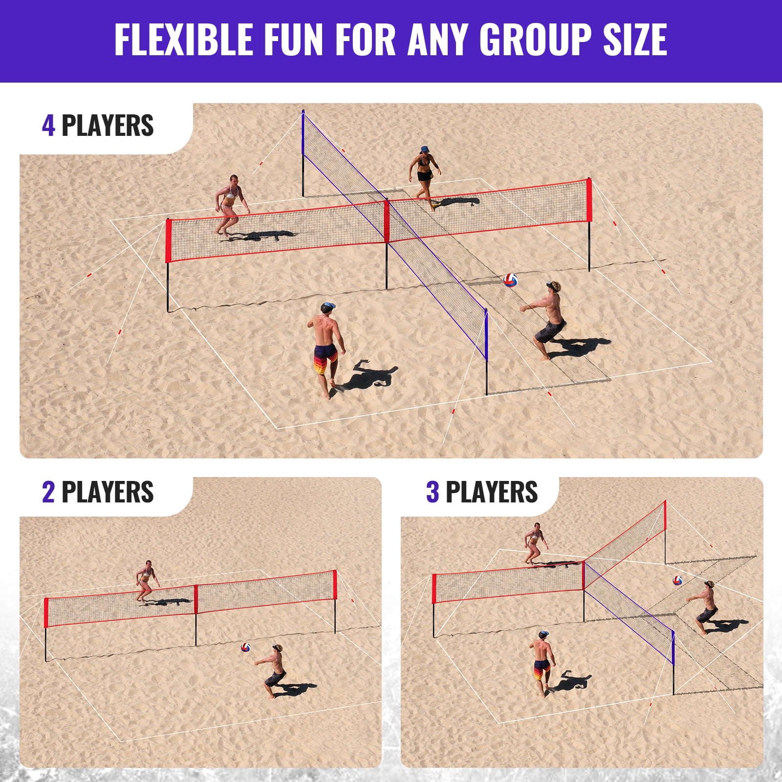 CureCalor 4 Way Volleyball Net Set, Adjustable Height, 4 Square Volleyball Set for Backyard & Beach