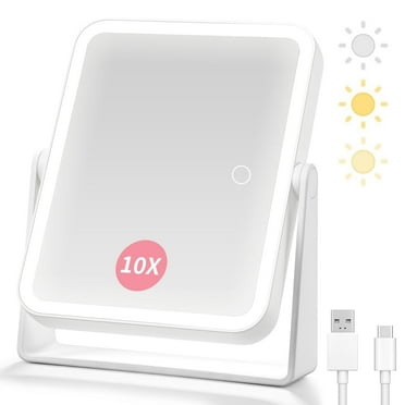 Rechargeable Travel Makeup Vanity Mirror with Lights and Magnification, Portable 10X/1X Magnifying Mirror with 3 Color Light, Lighted Makeup Mirror with Magnification, 360° Rotation LED Mirror