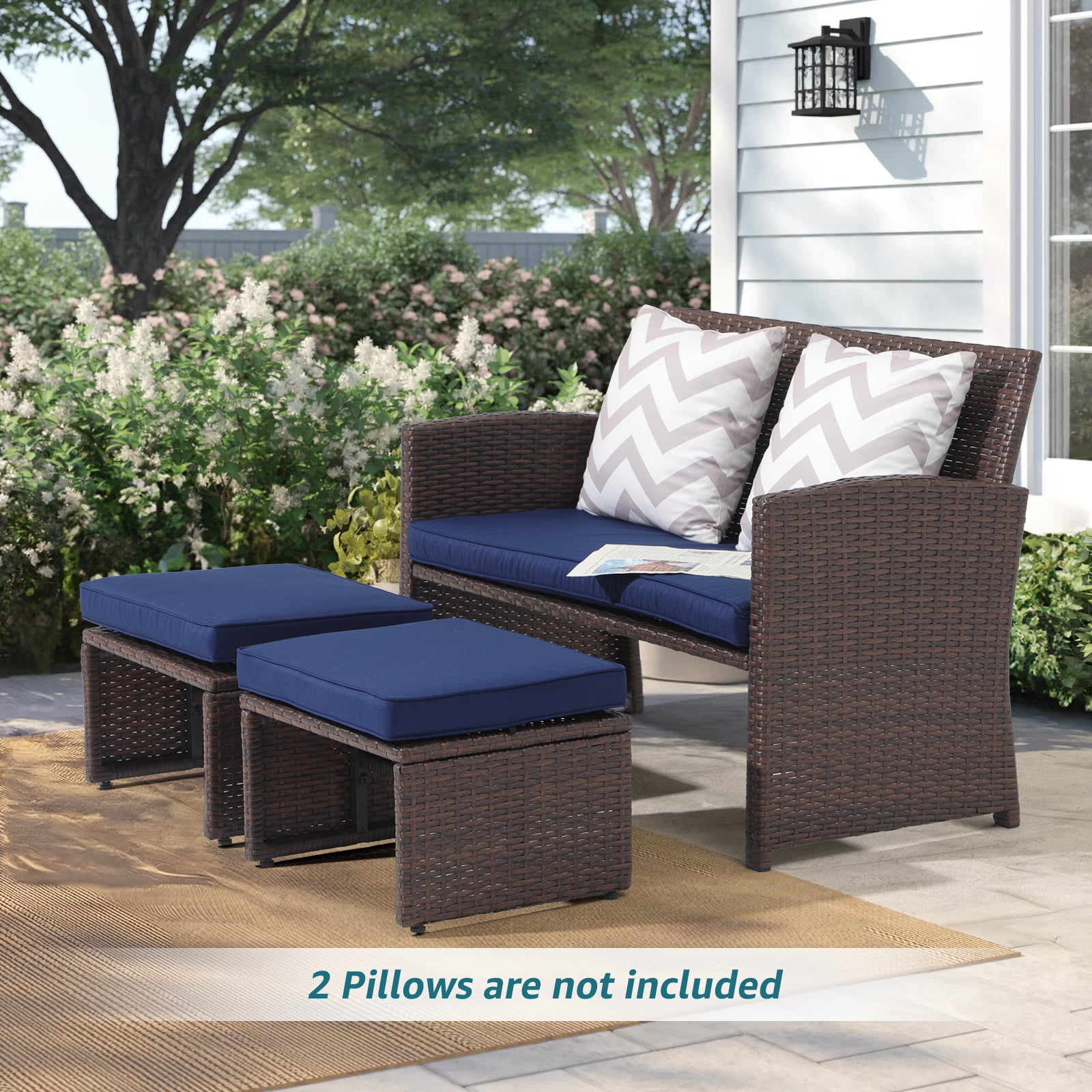 JOIVI 3 Piece Patio Furniture Set, Outdoor Loveseat Patio Furniture RattanSet with Ottoman, Brown Rattan, Navy Blue Cushion