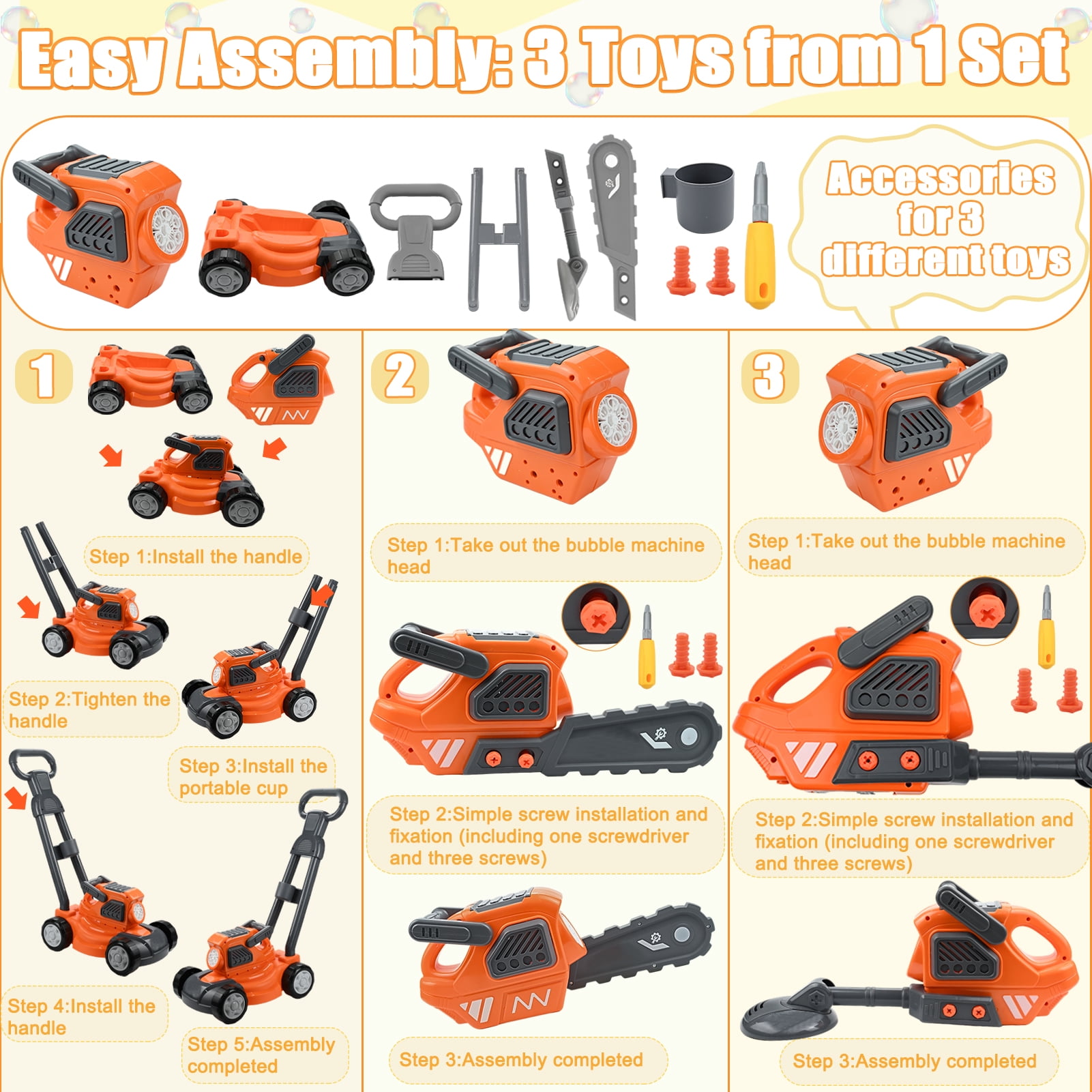Sunforu 3PC Bubble Machine Toy Set for Toddlers, Include Bubble Lawn Mower,Saw & Watering Can, Indoor Outdoor Play Push Toy for Boy Girl