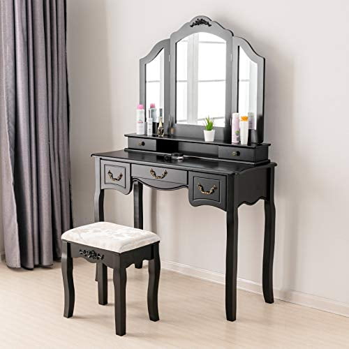 Makeup Vanity Table W Tri Folding Mirror Wood Dressing Table Bedroom Vanity Set W Cushioned Stool 5 Drawers Storage For Girls Women Black Walmart Com Walmart Com