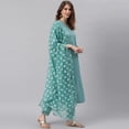 thumbnail image 5 of Janasya Indian V-Neck 3/4 Sleeve Striped Turquoise Cotton Kurta With Pant And Dupatta For Women, 5 of 9