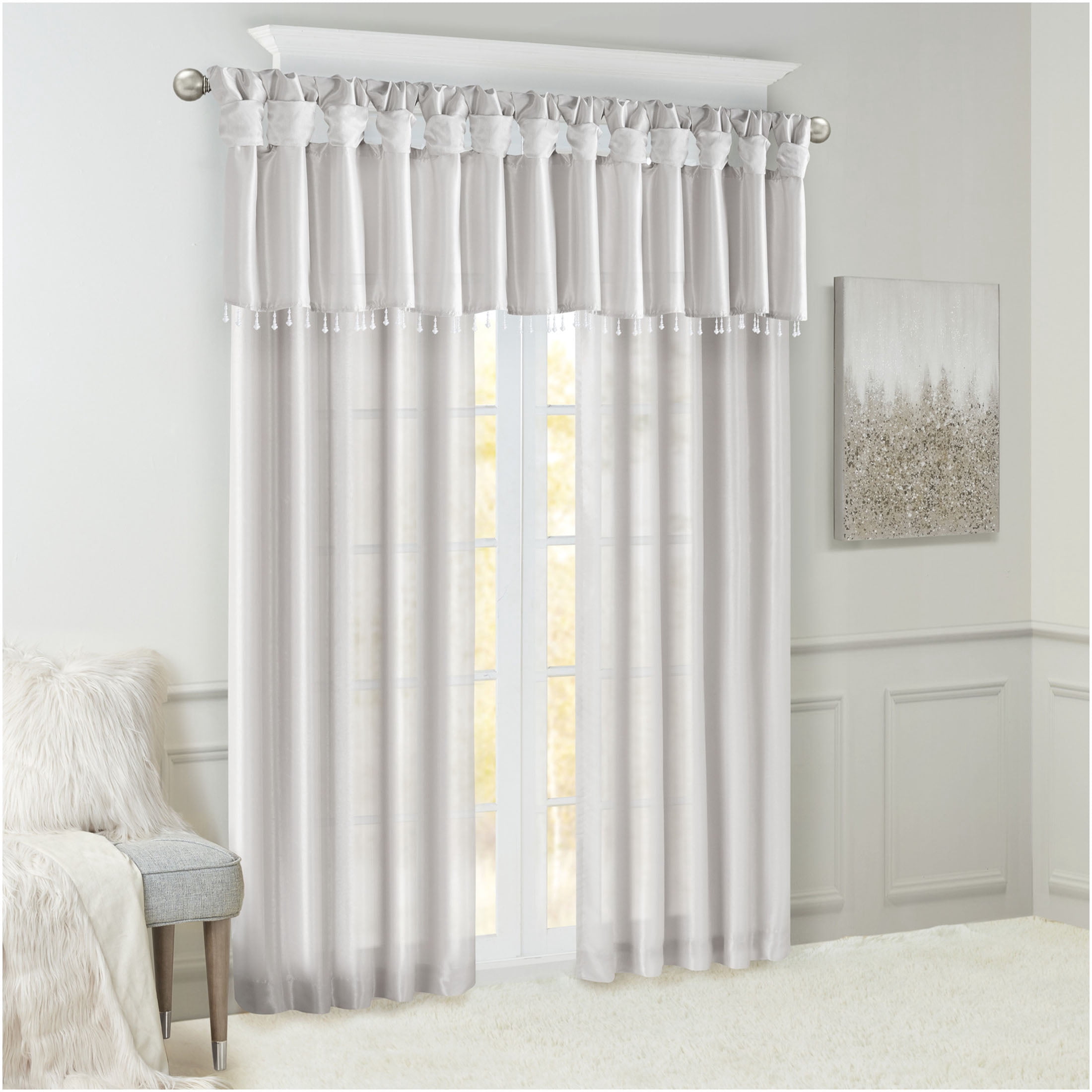 JERFIT Silver Faux Silk Window Valance with Beaded Trim, 50x26 Inch Lightweight Polyester Valance for Kitchen & Living Room