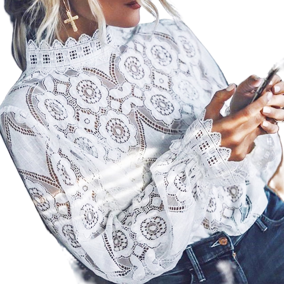 Women Lace Blouse Formal Embroidery 