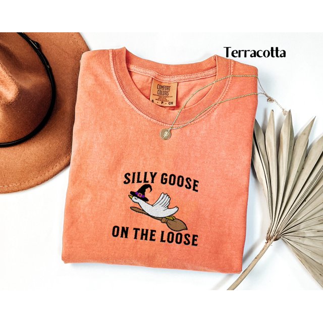 Comfort Colors Embroidered Shirt Halloween Silly Goose On the Loose T-Shirt Embroidered Go - Pepper - 2XL