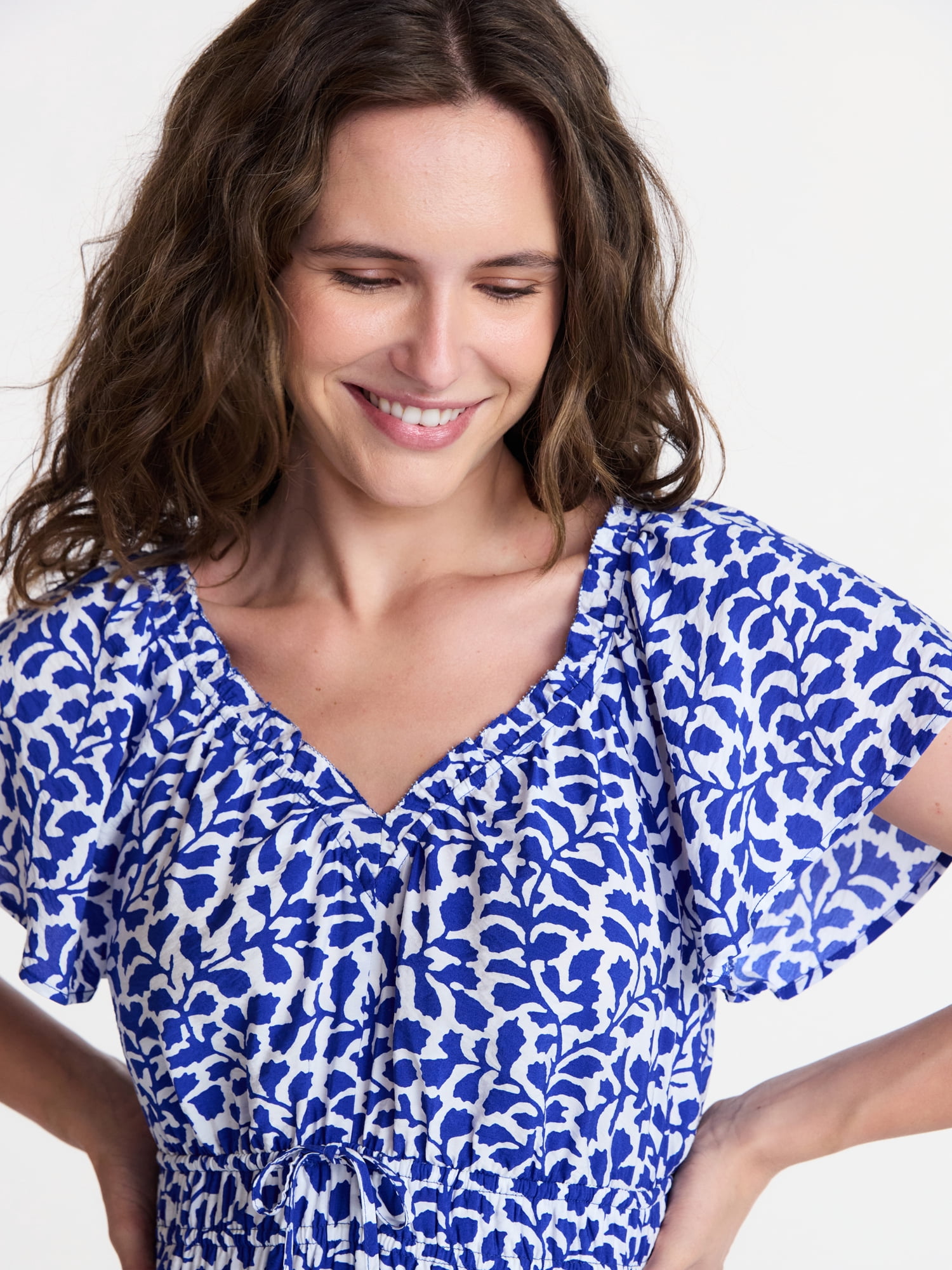 Time and Tru Women's Tiered Midi Dress with Flutter Sleeves, Sizes XS-XXXL