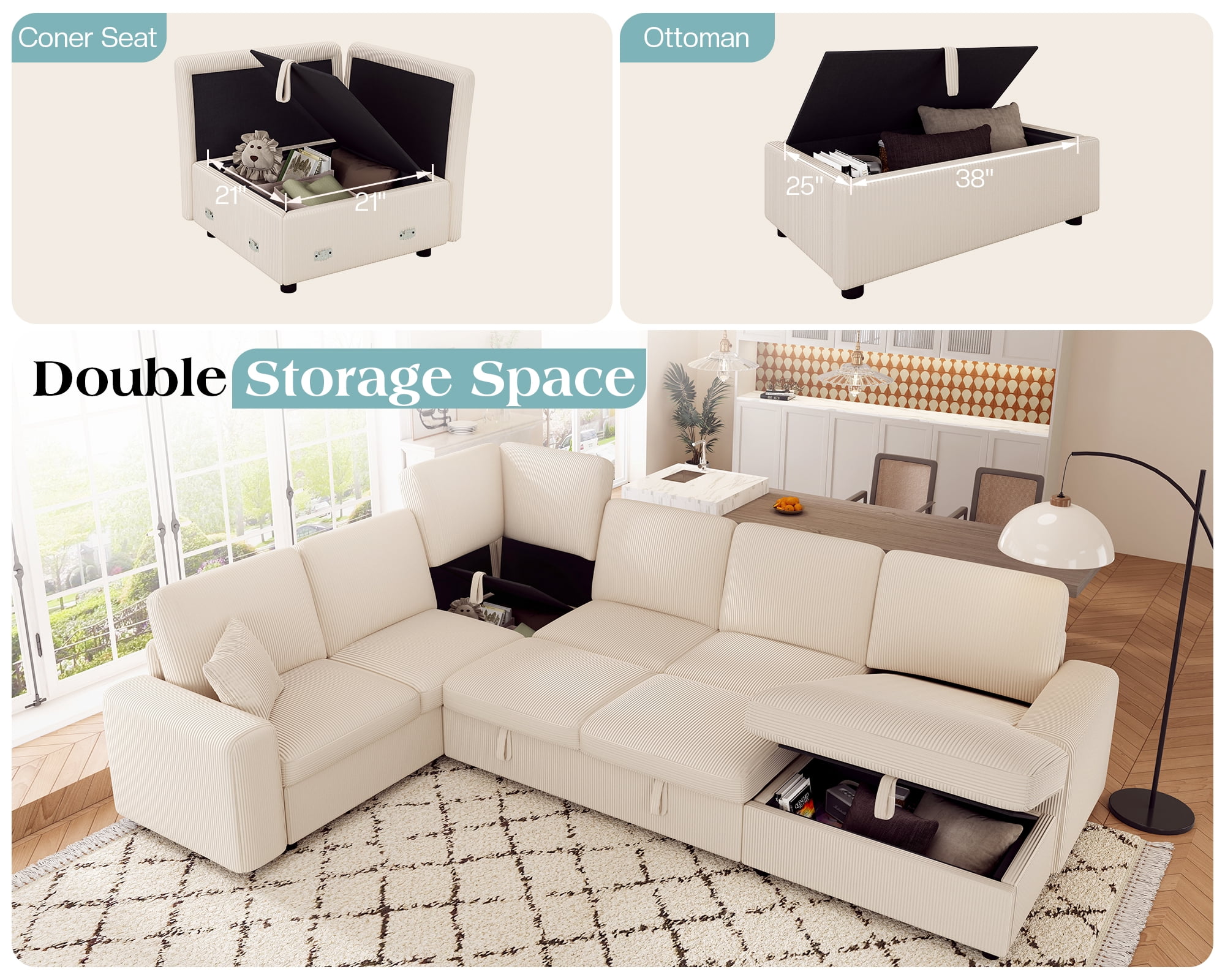 VanAcc 130" Sofa Bed, Sectional Sleeper Sofa with Pull Out Bed, Sleeper Couch with Storage, 6 Seater Couch for Living Room, Corduroy Beige
