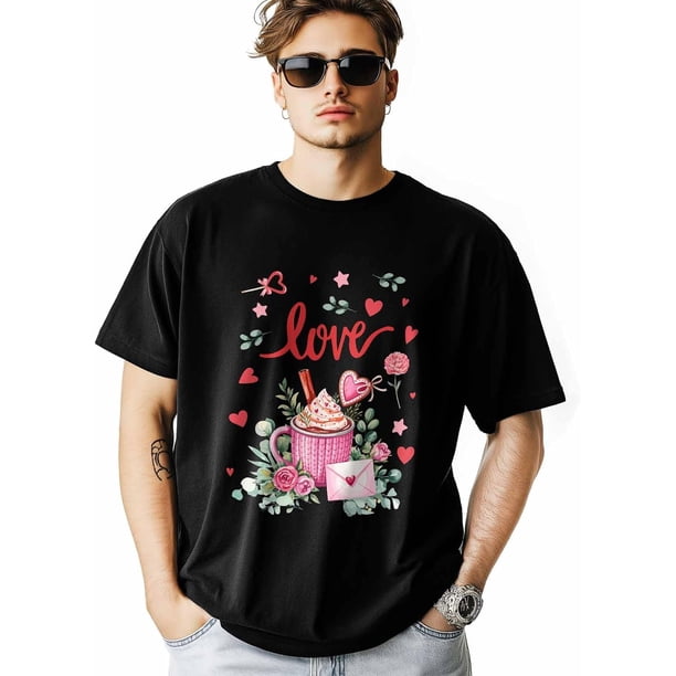 T-Shirts for Men, Hearts Dessert Leaves Crew Neck Cotton T-Shirt Men's Short Sleeve Valentine's Day Flower Love Heart