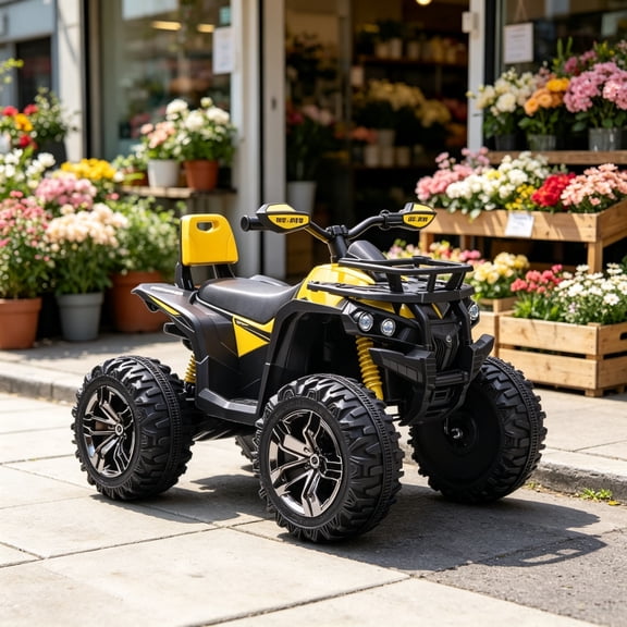 12V Kids Electric ATV, Recharging Ride-on Quad with Realistic Headlights & Wide Traction Wheels, Yellow