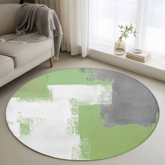 Round Rugs 3Ft, Sage Green Gray Round Area Rug Washable Indoor Throw Carpet, Modern Oil Painting Abstract Geometric Small Non Slip Circle Rug for Bedroom Living Room Home Decor Aesthetic