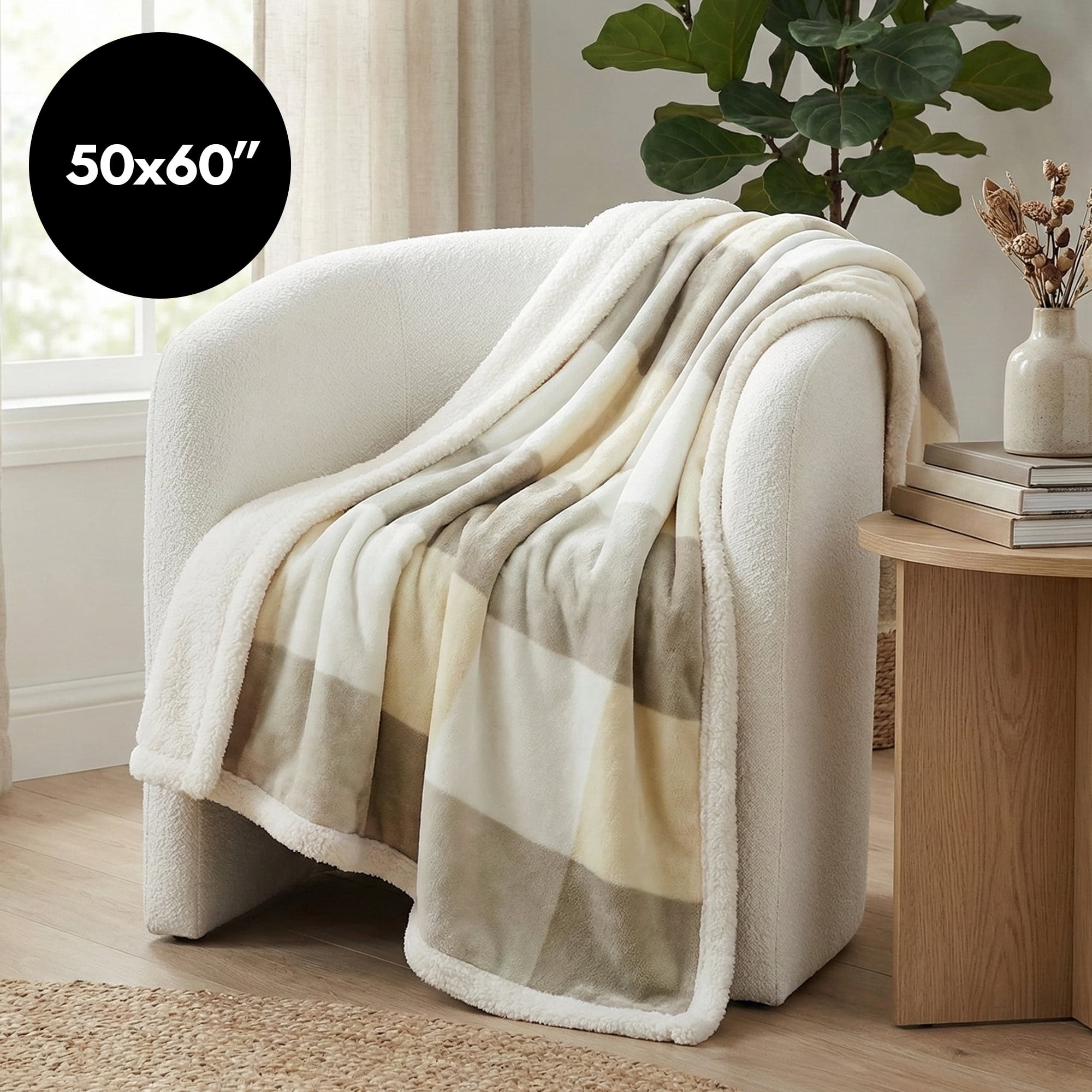 Americanflat - Fleece and Sherpa Throw Blanket - Oversize Plaid - 50x60 Inch - White