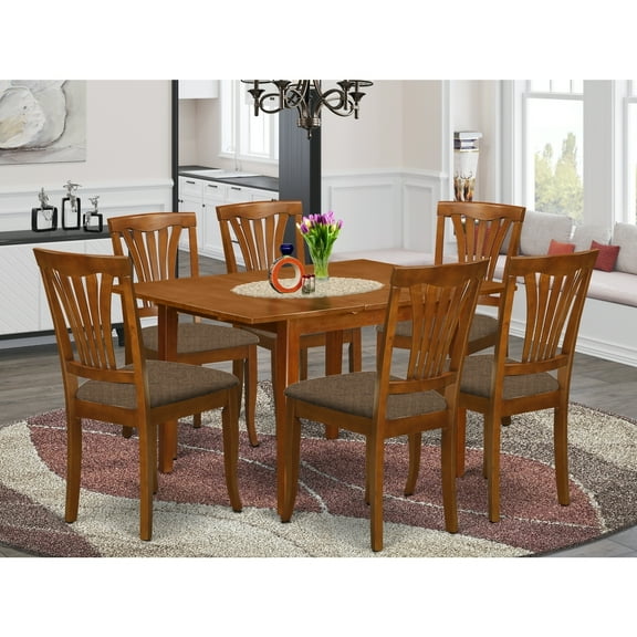 French Country Kitchen Dining Set - 7 Piece Table & Chair Set - Rectangular Tabletop - Linen Fabric Seats