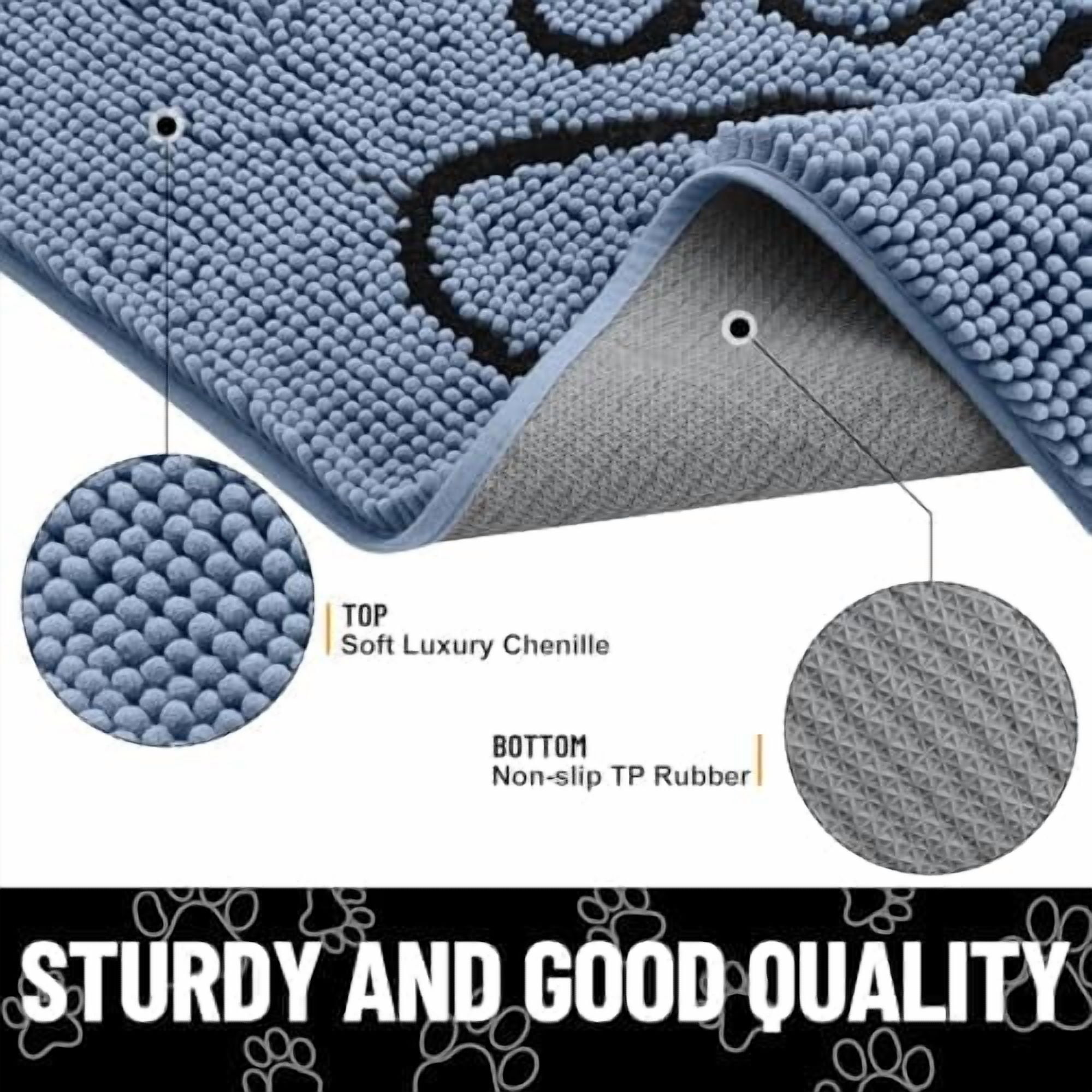 Dog Door Mat for Muddy Paws, Absorbent Dirt Trapper Non Slip Quick Dry Washable Chenille Mat for Mud Dogs, Entry Rug for Indoor and Outdoor (36x24 Inches, Airy Blue and Black)