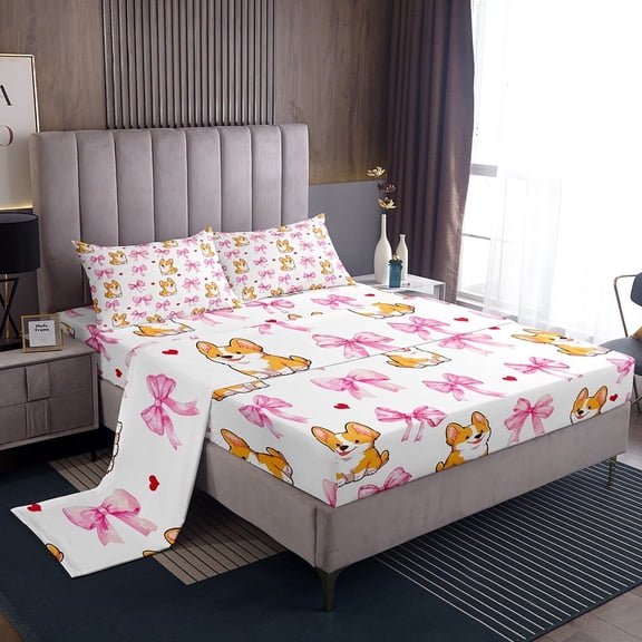 Erosebridal Cartoon Corgi Sheet Set Twin,Kawaii Bow Bedding Sets Twin Size,Love Heart Twin Sheet Sets,Breathable Kids Bedroom Decor,3pcs