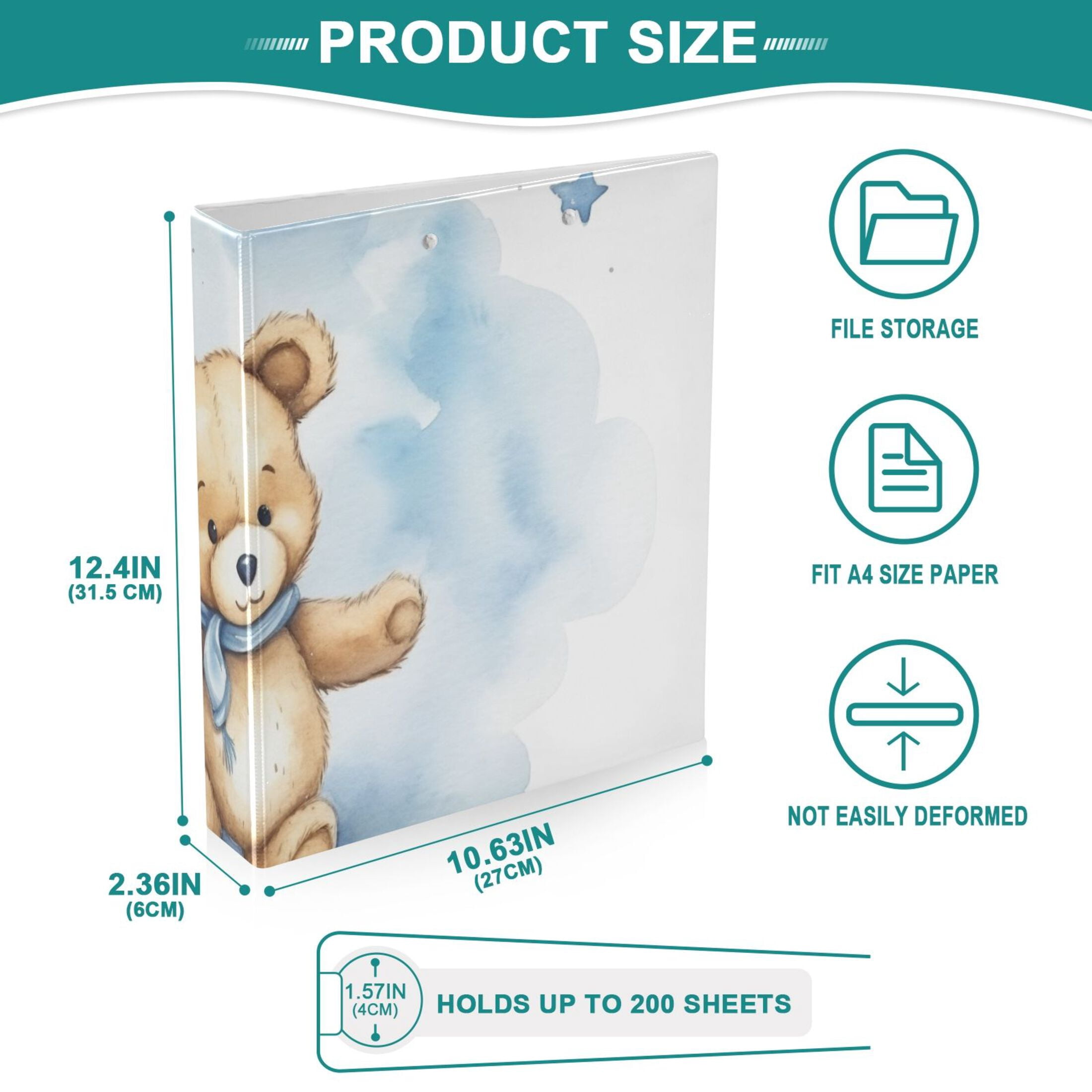 Bear Balloon and Stars 3 Ring Binders 1.5 inch Hardcover File Folders with Interior Pockets A4 Size Organizer for School Office Hospital