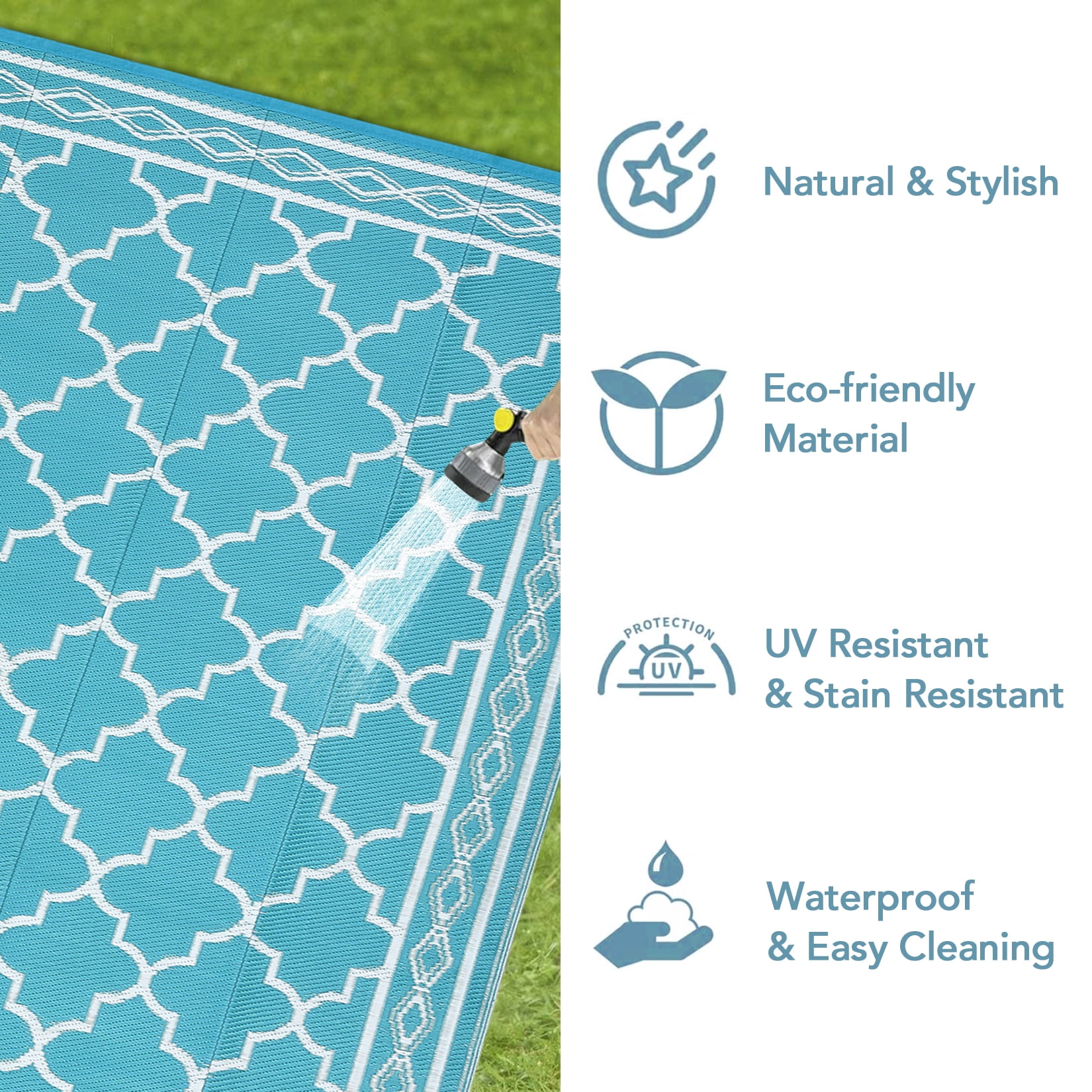 HOMERRY Geometric Moroccan Outdoor Rug Straw Plastic Area Rug for Balcony Pool RV Waterproof Reversible Carpet, Light Blue, 9'x 18'