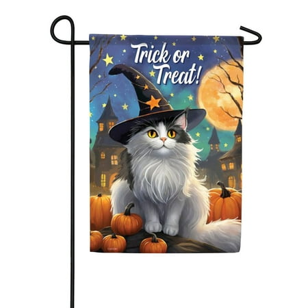 Carson Trick or Treat Cat Garden Flag, 12.5 x 18 inch Double Sided, Halloween Tuxedo Kitty Witch Hat Banner, Pumpkin Moon Outdoor Decor, Holiday Yard Decoration