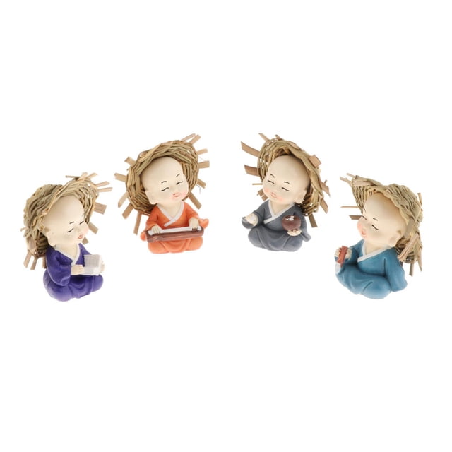 Juego de 4 estatuas de monjes de Buda Zulema Estilo Chino Resina 7 cm