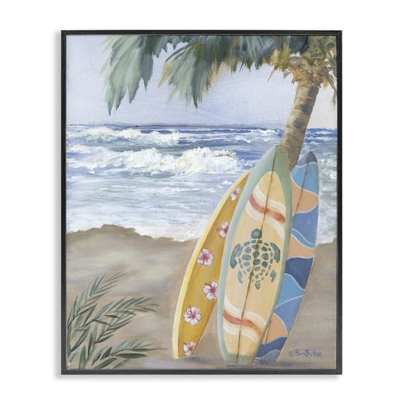 Stupell Industries Tropical Fun Summer Surfboards Leaning Palm Tree Black Framed Giclee Art, 16 x 20, by Pam Britton