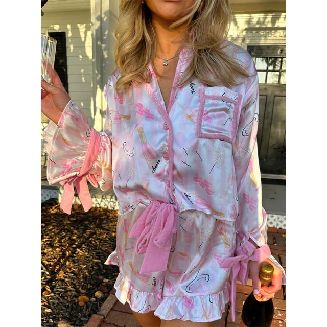 Conjunto de pijamas navideños para mujer, novedad de 2025, con estampado de Papá Noel, pajarita, camisas de manga larga y pantalones cortos, ropa de dormir de 2 piezas, ropa de estar por casa