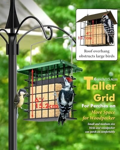 Double Suet Feeder- Metal Roof Bird Feeder with Taller Grid for Woodpeckers, Suet Cake Cage Bird Feeder for Outdoors Hanging,Easy-Clean & Refill,Green (1 Pack)