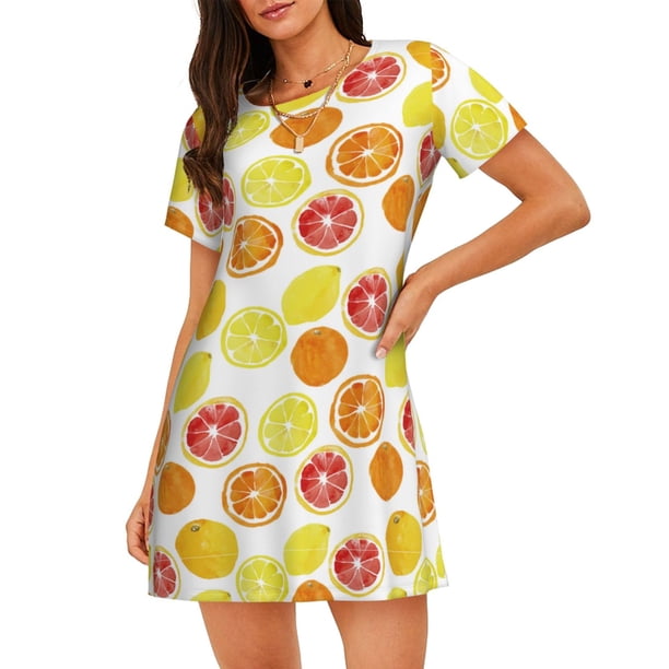 Fotbe Lemon Orange Bata de Dormir para Mujer con Estampado, Camisón de Algodón de Manga Corta, Ropa de Dormir Casual