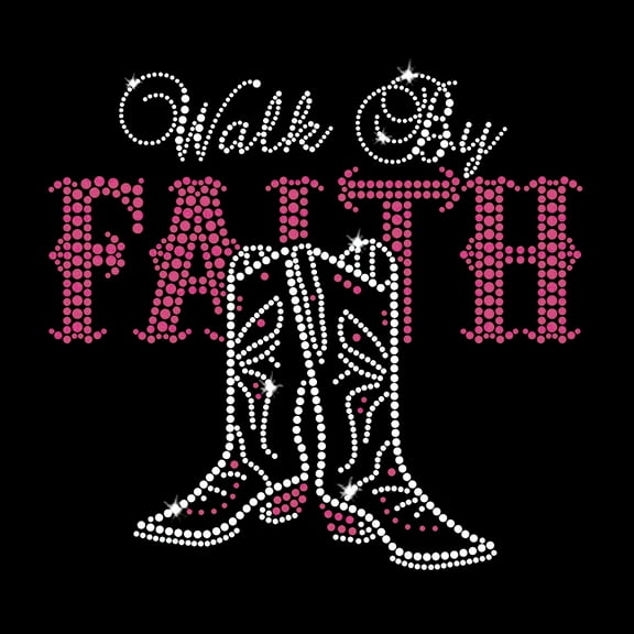 Walk By Faith Cowgirl Western Boots Christian Rodeo Iron-on Clear Rhinestone & Pink Rhinestud Transfer by JCS Rhinestones