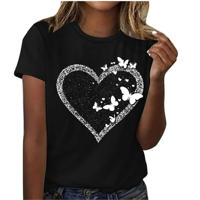 Floleo Womens Lover Printed Round Neck Short Sleeve Shirt Comfortable Versatile Relaxed Wear Stylish Top(Black,M)