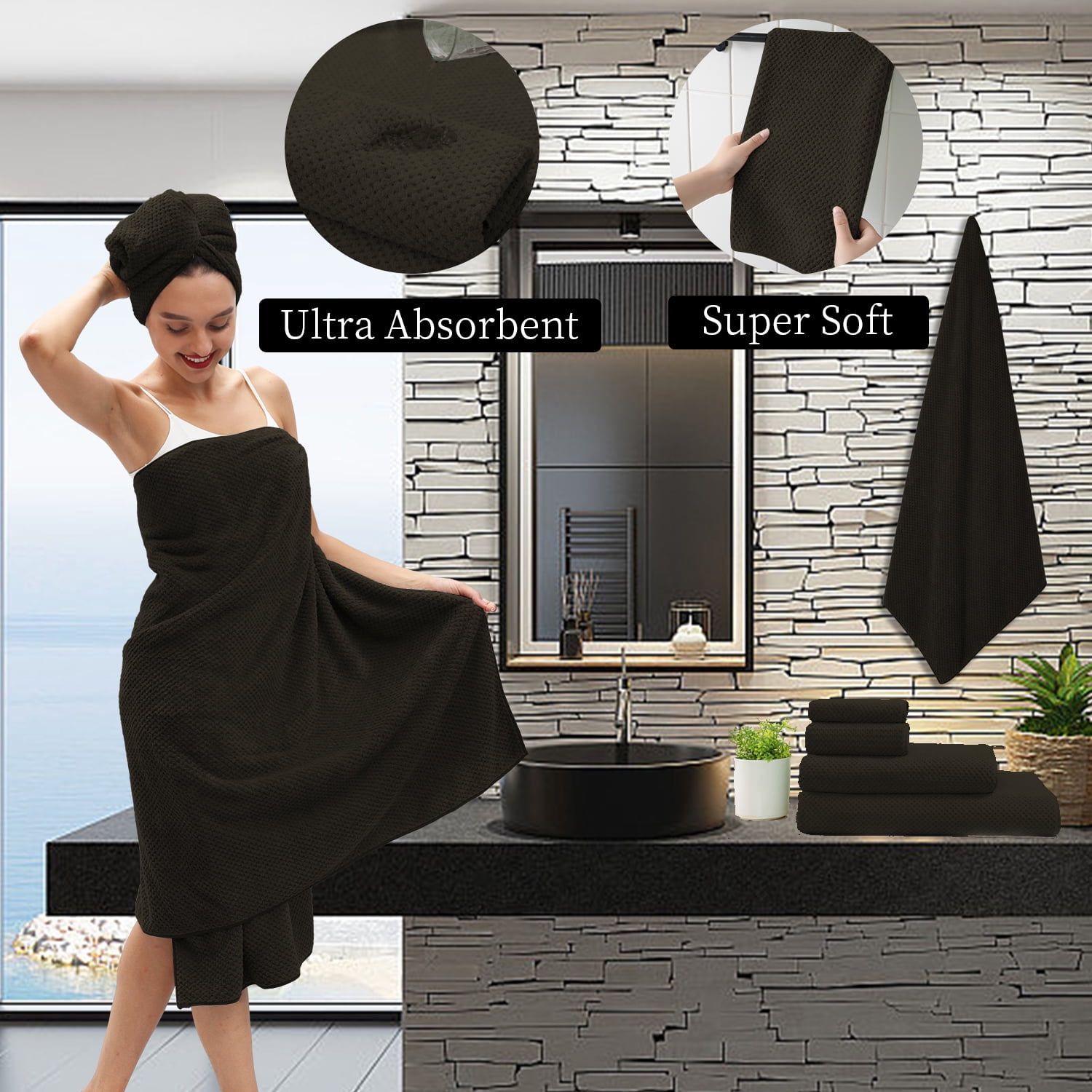 Smuge Extra Large Bath Towel Sets of 8, 2 Large Bath Towels Oversized, 2 Hand Towels, 4 Washcloths, Soft Microfiber, Quick Dry, Highly Absorbent Bath Towels for Bathroom Kitchen Spa(Dark Brown)