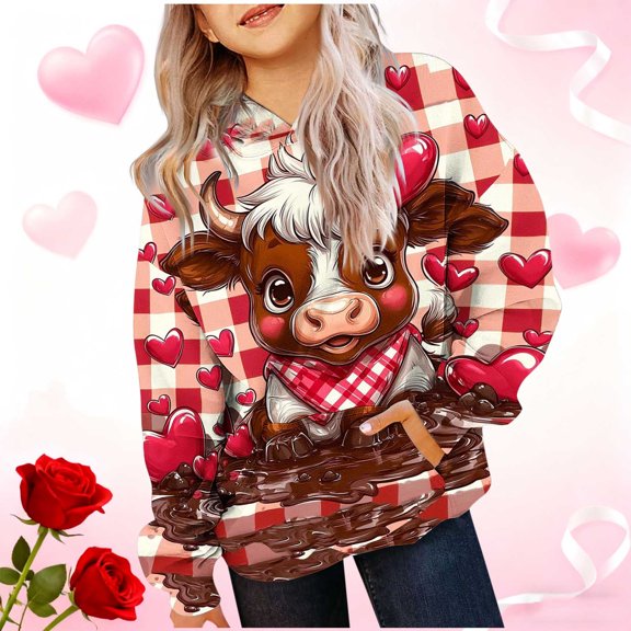 dazeni Teen Girls Cute Graphic Hoodies Trendy Funny Cow Heart Print Long Sleeve Sweatshirt Y2k Streetwear Hooded Pullover Tops