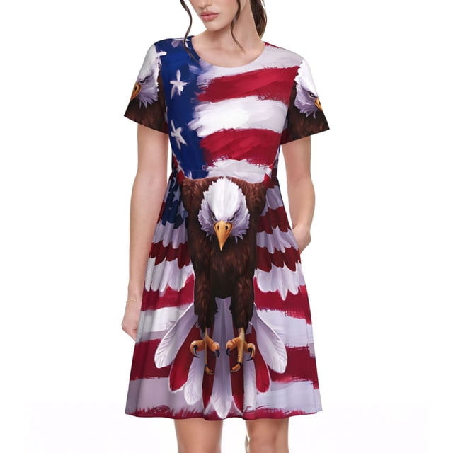 Vsdgher Aigle USA avec Ailes pour Femmes Été 2025 Robes Midi Décontractées Légères Manches Courtes Col Rond Robe de Plage