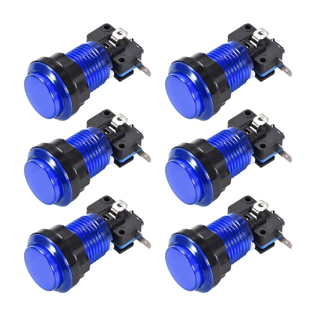 Juego Botón de Presión 33.5mm Redondo Interruptor de Botón Iluminado LED de 12V con Microinterruptor para Juegos de Video de Arcade Azul, 6 piezas