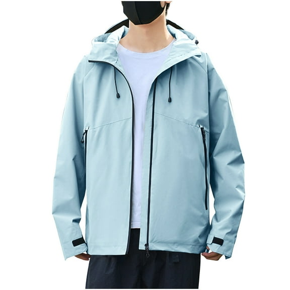 Men's Windbreaker Jacket Fashion Solid Color Outdoor Hiking Long Sleeve Hooded Casual Outwear Jackets Blue 3XL Zip Front Windbreaker Jacket
