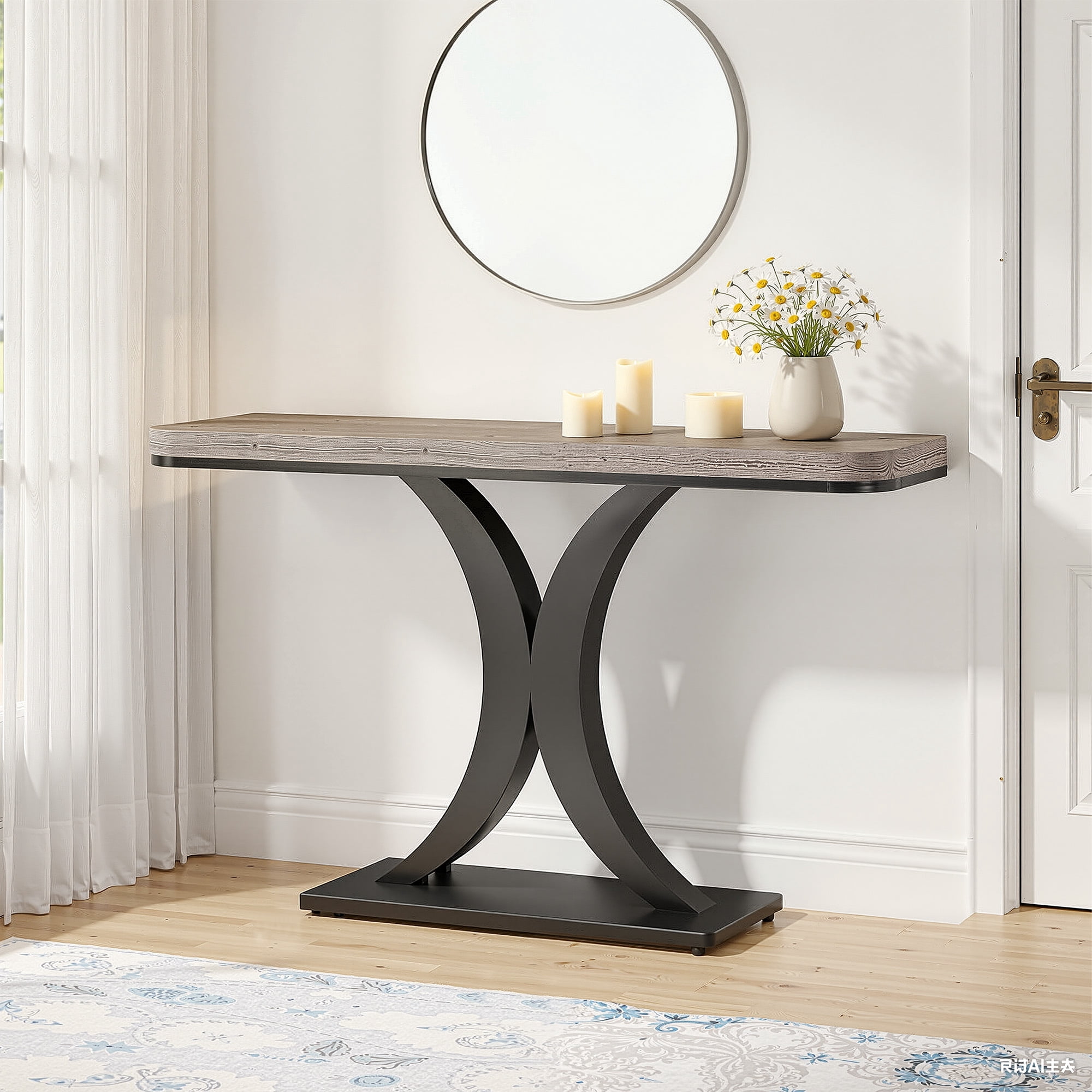 MAYEERTY 40 Inch Tall Sofa Table, Matte Black Geometric Metal Base Hallway Accent Table