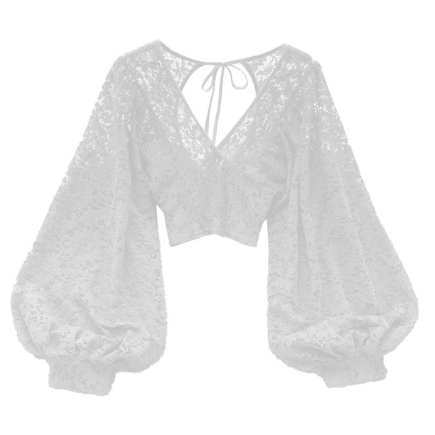 Blusa de encaje transparente sin espalda para mujer: top corto ajustado con detalle de lazo para otoño, camisa versátil y elegante para superponer.