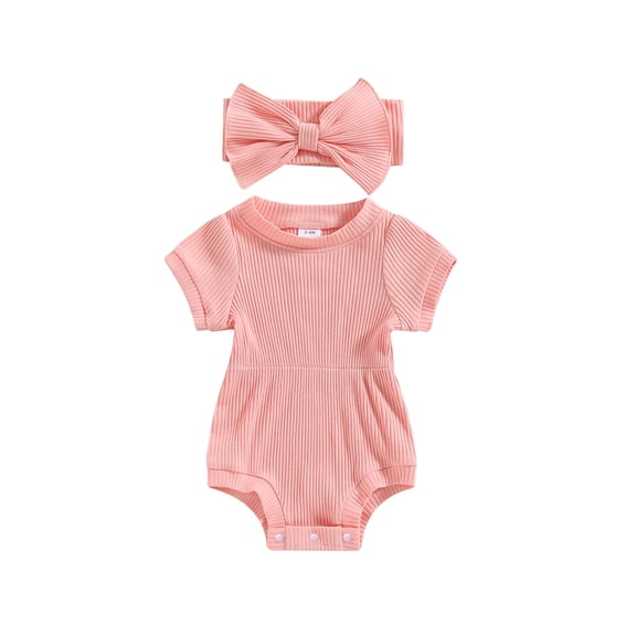 LMLYSoH Baby Girls Jumpsuit Set Solid Color Ribbed Short Sleeve Romper with Bow Headband Summer Outfits