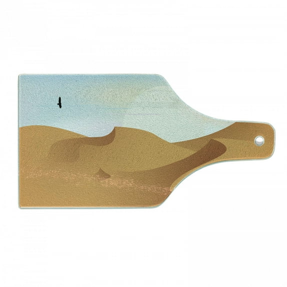 Dune Cutting Board, Camels and Man Silhouette in the Desert Sandy Hills and Sun Beaming, Decorative Tempered Glass Cutting and Serving Board, in 3 Sizes, by Ambesonne