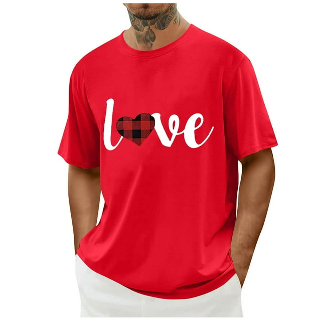 Tops para hombre, blusas y camisas de cuello redondo y manga corta para hombre. Camiseta/camisa informal de cuello redondo y manga corta con estampado de corazones para hombre. Tops de poliéster para
