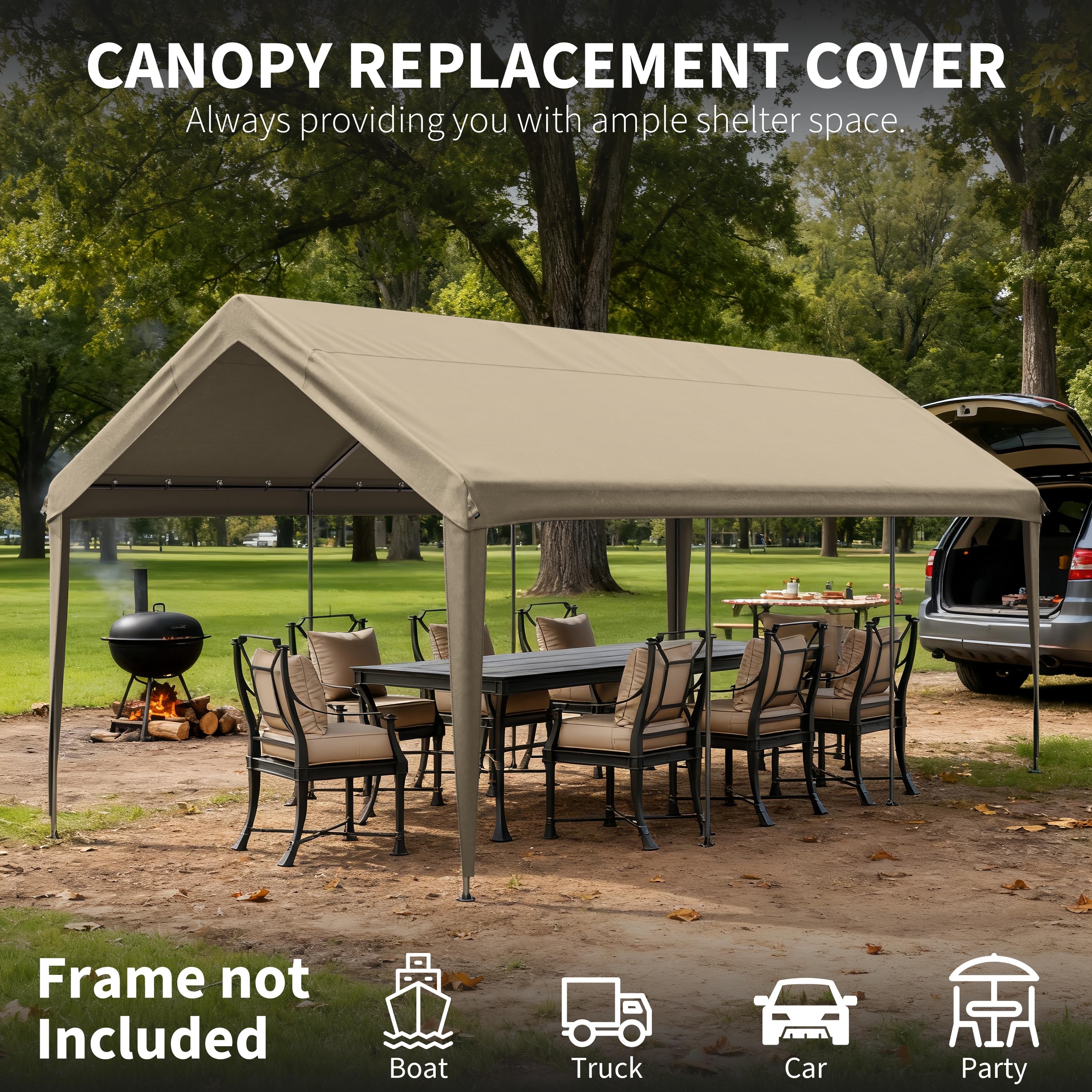 Pakunoda 10' X 20' Carport Canopy Replacement Cover, Portable Car Garage Shelter Party Top Tent with 34PC Ball Bungees, Sand (Only Cover, Frame Not Included)