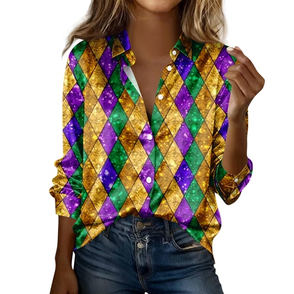 Mardi Gras Button Down Shirt for Women Carnival Party Long Sleeve Shirts Funny Mask Print Collared Blouse Plus Size Business Casual Outfits Army