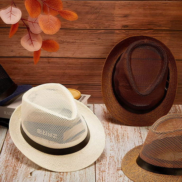Men Straw Fedora Hat Cowboy Race Day Panama Hat Plaid Sun Protection Jazz  Hats Summer Beach Short Brimmed Mesh Hats for Traveling Fishing