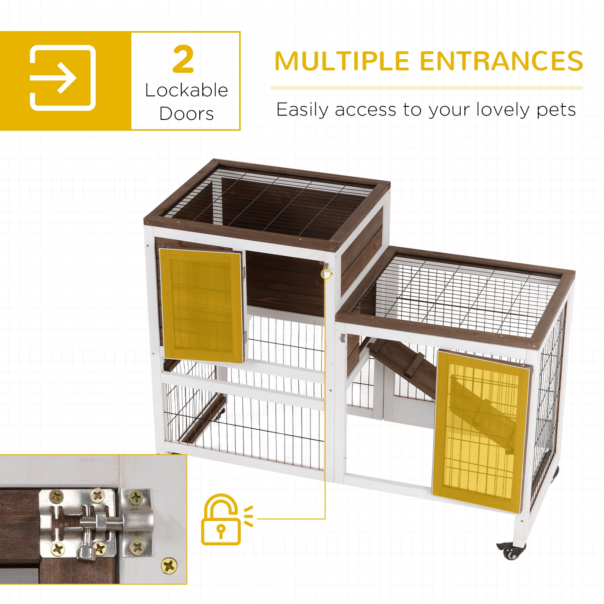 Wooden Rabbit Hutch Elevated Bunny Cage Indoor with Enclosed Run with Wheels, Ramp, Removable Tray , Brown