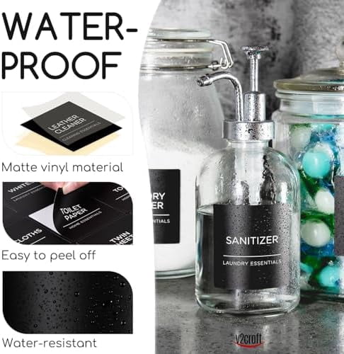 144 PCS Minimalist Laundry Room Labels Set, Water Resistant Stickers,Water/Oil Resistant Stickers for Laundry Room, Linen Closet Home Bathroom and The Beauty Organization（Black