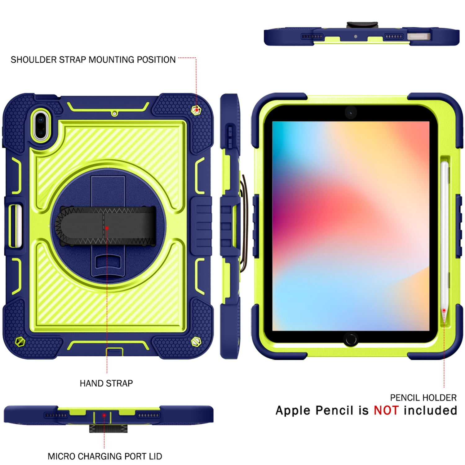 Tarise Case for Apple iPad 10th Generation 10.9 inch (2022), 360° Rotating Kickstand with Pencil Holder/ Hand Strap/ Shoulder Strap Hard PC Rugged Silicone Shockproof Stand Cover, Navy + Yellow Green