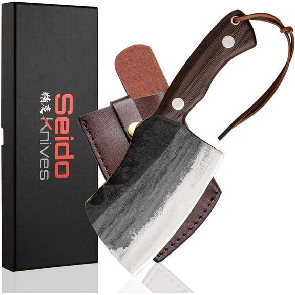 Seido Knives Choppa Cleaver Knife - 5" Hand-Forged Meat Cleaver with Leather Sheath, Ideal for BBQ, Camping, and Kitchen