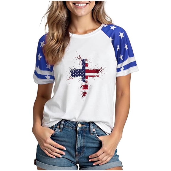 successthop 4th of July Clothes Women Red Blue White Anniversary T Shirt Festival Shirts Crewneck Short Sleeve Tops Blue