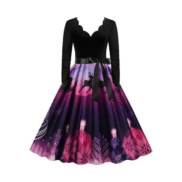 Vestido vintage de mujer de manga larga con escote en V para Navidad de los años 50, para fiestas de noche, bailes de casa, playa, de invierno, festivo, de verano, para mujer, tallas