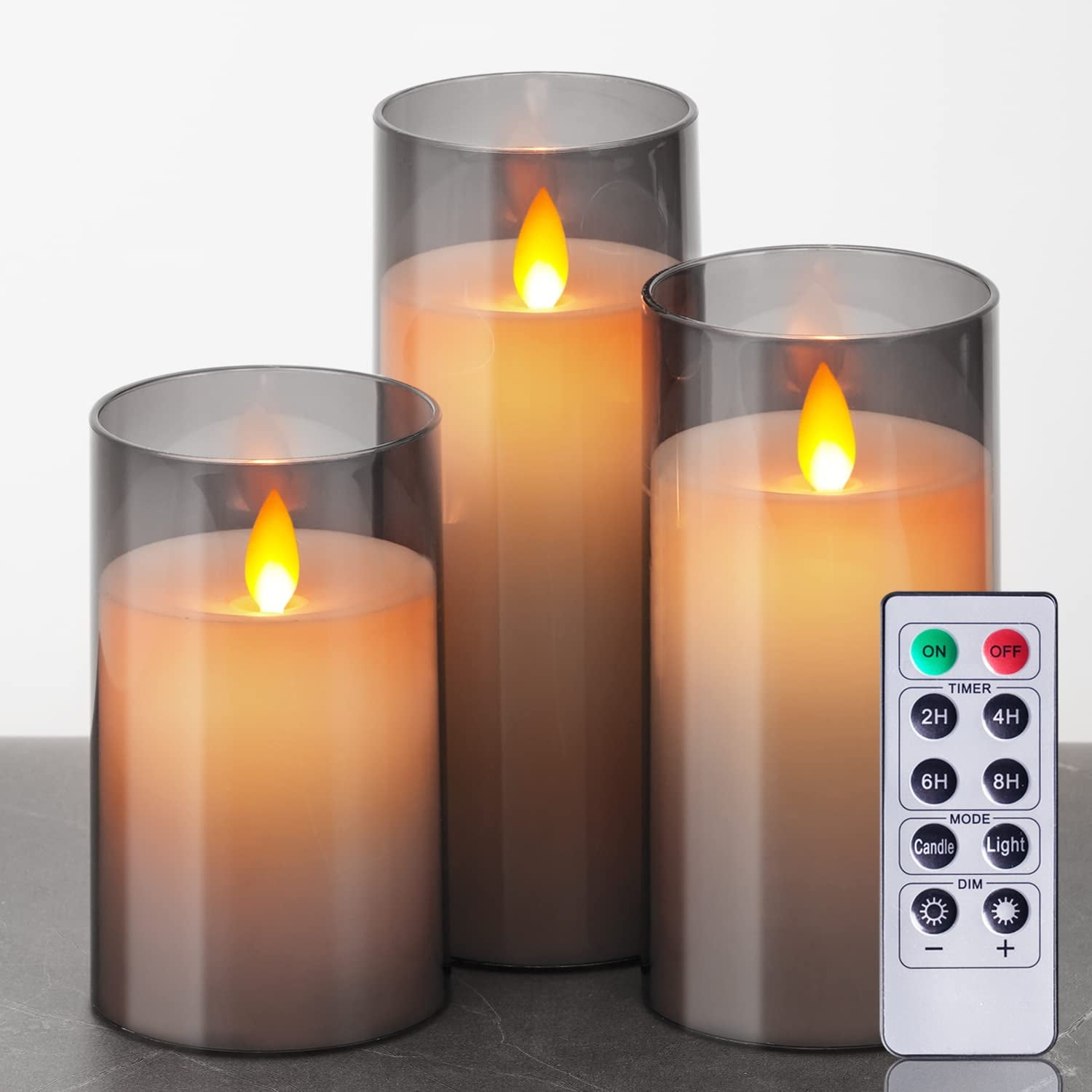 Grey Acrylic Flameless Candles Operated, Fake LED Pillar Candles with Remote Control and Timers, Moving Set of 3 - Walmart.com
